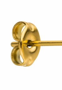 Goldfarbener Haarnadel mit einem runden Kopf, der dekorative Aussparungen aufweist. Glatte, glänzende Oberfläche und ein schlanker, metallischer Schaft.