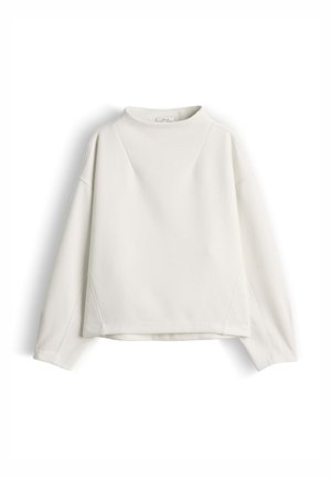 Weißes Sweatshirt mit hohem Kragen, langen Ärmeln und kastigem Schnitt. Hergestellt aus weichem Stoff mit dezenten Nahtdetails und glatter Textur.