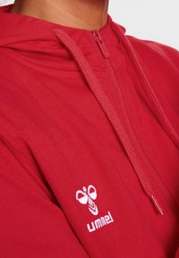 Rode zip-up hoodie van gladde stof met een voorzak. Kenmerkt zich door een wit geborduurd logo en gestructureerde trekkoorden.