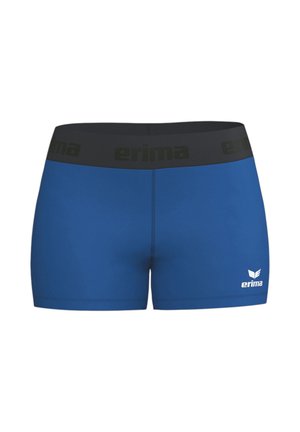 Blaue Sportsshorts mit einem schwarzen elastischen Bund, auf dem „erima“ steht, und einem weißen Erima-Logo am linken Bein.