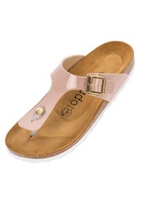 Sandalo infradito in pattina rosa con fibbia dorata, suola simile al sughero e soletta color beige texturizzata. Presenta un bottone decorativo vicino alla parte della dita.