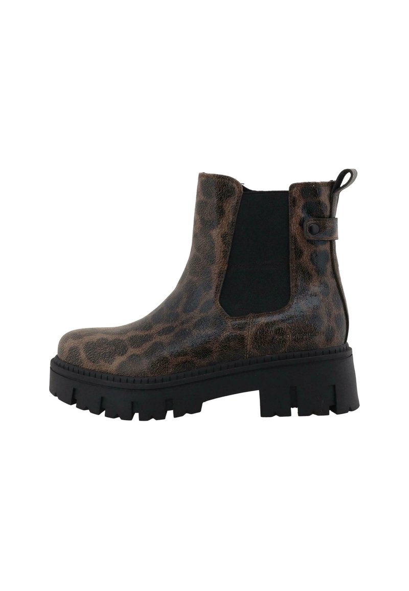 Ankle boty s leopardím potiskem a lesklým povrchem, elastickými postranními panely, poutkem a chunky černou podrážkou. Texturovaný svršek přidává vizuální zajímavost.