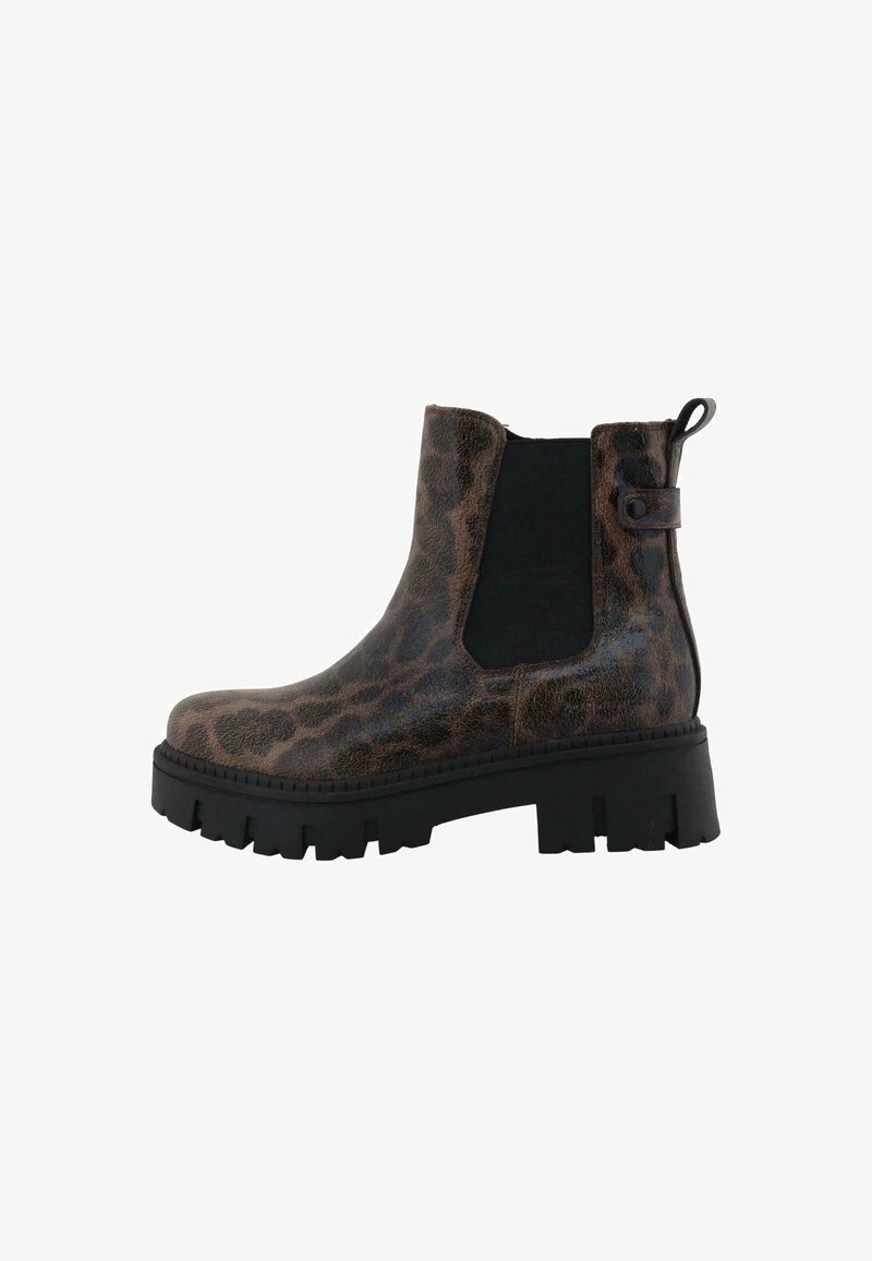Ankle boty s leopardím potiskem a lesklým povrchem, elastickými postranními panely, poutkem a chunky černou podrážkou. Texturovaný svršek přidává vizuální zajímavost.