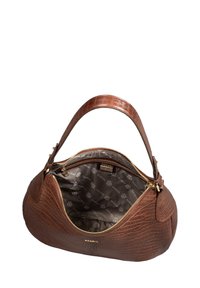 Sac à main en cuir marron avec un motif crocodile texturé, fermeture éclair supérieure et un intérieur spacieux doublé en tissu. Dispose d'une seule poignée arrondie.