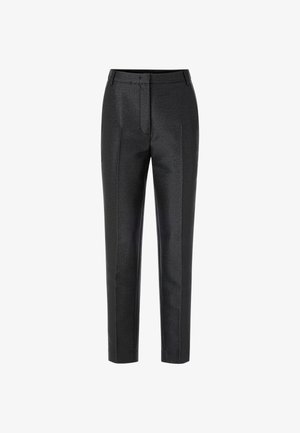 Black tailored trousers with a sheen, featuring a flat front, two side pockets, and a slim, tapered leg design.