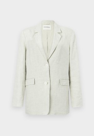 Light grey linen blazer with a relaxed fit, two front pockets, and two buttons. Simple lapel design with a textured fabric finish.