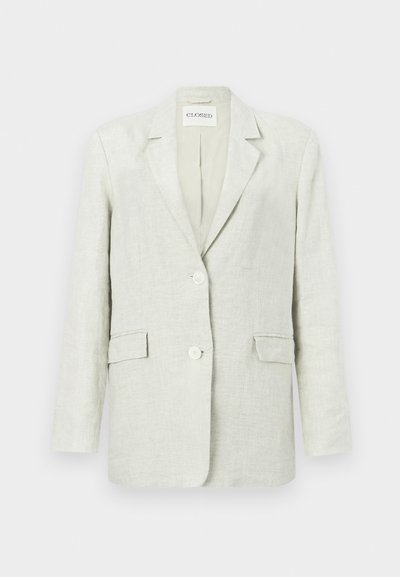 Hellgrauer Leinenblazer mit lockerem Schnitt, zwei Fronttaschen und zwei Knöpfen. Einfaches Reversdesign mit strukturierter Stoffoberfläche.