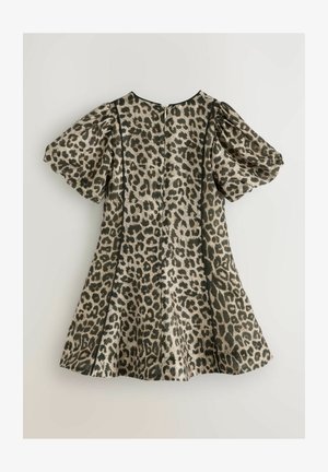 Leopardų rašto suknelė su trumpomis pūkuotomis rankovėmis, tiesiu iškirpimu ir užtrauktuku nugaros pusėje. Pagaminta iš lygios, lengvos medžiagos.