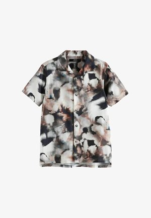 Short-sleeve shirt in a multicolored abstract pattern with shades of black, white, and brown. Features a button-down front and spread collar.