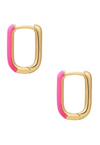 Orecchini a cerchio in tono oro con accenti rosa. Forma quadrata, superficie liscia, con una finitura lucida. Design leggero, chiusura sicura.