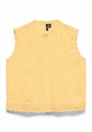 Blouse jaune sans manches avec broderie florale ajourée, bordures festonnées et col rond avec boutonnage sur le devant.