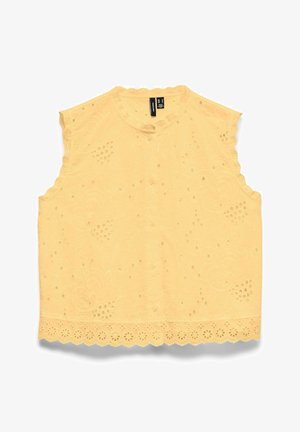 Blouse jaune sans manches avec broderie florale ajourée, bordures festonnées et col rond avec boutonnage sur le devant.