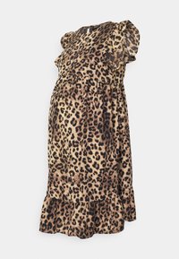 Robe de maternité à imprimé léopard avec manches bouffantes courtes, encolure ronde et ourlet volanté à étages. Confectionnée dans un tissu léger et texturé.