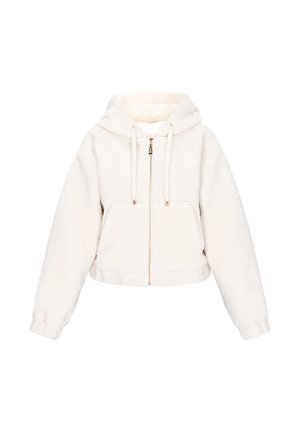 Off-white, pūkains, ar rāvējslēdzēju, kapuce ar auklām, priekšējas kabatas un elastīgas piedurknes, izstrādāts siltumam un ikdienas valkāšanai.