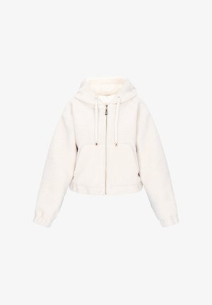 Off-white, flauschige Zip-Hoodie mit Kordelzügen, Fronttaschen und elastischen Bündchen, entworfen für Wärme und lässige Trageweise.