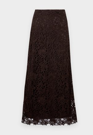 Brun blonde midi-skjørt med blomster mønster, bølget kant og strukturert stoff. Designet er intrikat med en tettsittende midje.