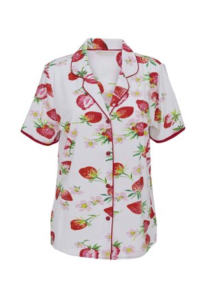 Weißes kurzärmeliges Hemd mit Knöpfen und roter Paspelierung, versehen mit einem Muster aus roten Erdbeeren und rosa Blumen.