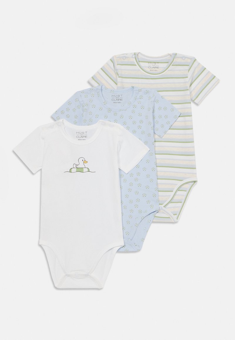 Trois bodysuits pour bébés : un blanc avec un graphic de canard, un bleu clair avec des motifs floraux et un rayé en bleu clair et vert. En coton doux.