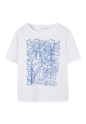 Balta trumpomis rankovėmis marškinėliai su mėlynu abstrakčiu gėlių ir lapų linijiniu piešiniu priekyje.