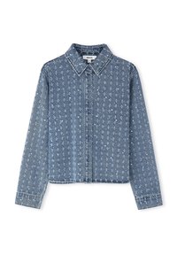 Camicia in denim di un blu chiaro con motivo floreale, design con colletto, maniche lunghe e chiusura a bottoni con bottoni blu.