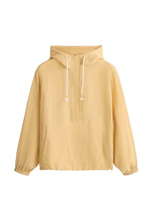 Svetlo rumen dolg rokav s kapuco pulover z zadrgo spredaj, belimi vrvicami, elastičnimi manšetami in velikim sprednjim žepom.