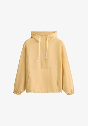 Svetlo rumen dolg rokav s kapuco pulover z zadrgo spredaj, belimi vrvicami, elastičnimi manšetami in velikim sprednjim žepom.