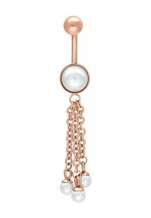 Rose gold belly button ring with central white pearl and three dangling chains, each ending in a smaller white pearl.