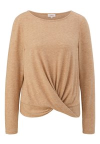 Beiger Langarmoberteil aus weichem, leichtem Stoff mit einer gedrehten Frontdetail, rundem Halsausschnitt und einem lockeren Schnitt am Saum.