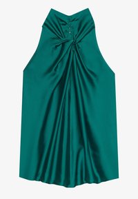 Blouse sans manches en satin vert émeraude avec col montant et détail torsadé froncé au centre du dos.