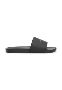 Svarte sandaler med glidesåle, laget av teksturert syntetisk materiale og med en flat gummisåle. Har åpen tå og rundt stroppdesign.