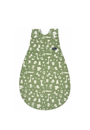 Grüner Baumwoll-Schlafsack mit einem verspielten Tiermuster in Creme. Verfügt über einen runden Halsausschnitt und Knopfschlüsse an den Schultern.
