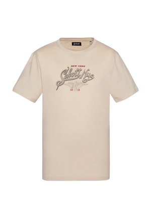 Beżowy t-shirt z krótkim rękawem z napisem "Schott Nyc New York 1913" i skrzydlatym emblematem w kolorze czerwonym i szarym na piersi, rozmiar duży.