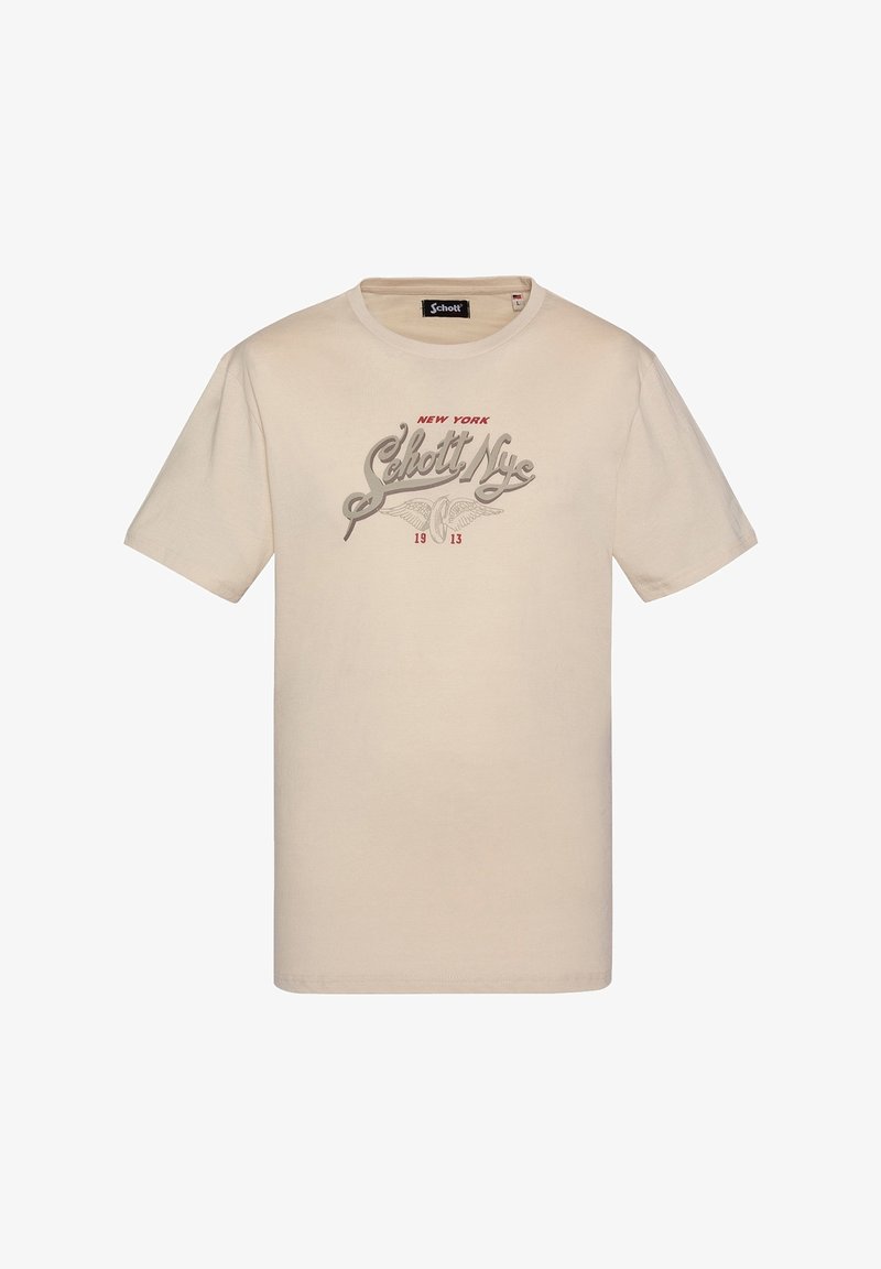 T-shirt beige à manches courtes avec le texte "Schott Nyc New York 1913" et un emblème ailé rouge et gris sur la poitrine, taille large.