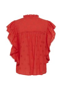 Blouse rouge avec motif floral en œillets, manches courtes volantées et petit col à volants, vue de dos.