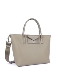 Grijze getextureerde leren tote bag met dubbele handvatten, afneembare schouderriem en een klein voorvak met klep gemarkeerd "Lancaster Paris."