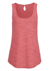 Ärmelloses Tanktop aus melierter Koralfarbe, mit einem Rundhalsausschnitt und einem Schlüssellochdetail im Rücken. Weicher Stoff mit lässiger Passform.