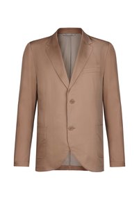 Beige blazer i slätt tyg, med en enkelknäppt design och två framknappar, slagkragar och en bröstficka.