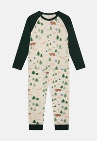Lange slaapset met lange mouwen in crèmekleur met groene accenten, met een patroon van wouddieren zoals beren, vossen en bomen. Zachte stof, comfortabele pasvorm.