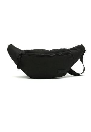 Sac banane en tissu noir avec une poche zippée et une sangle réglable, conçu pour un port mains libres.