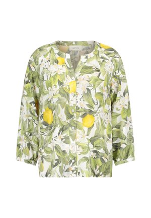 Overhemd met knoopsluiting en 3/4 mouwen, met een groen blad- en geel citroenbloemenpatroon op een witte achtergrond.