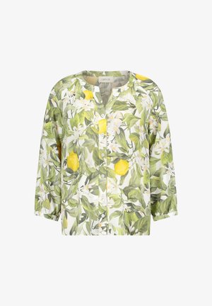 Koszula na guziki z rękawami 3/4, z zielonym motywem liści i żółtymi cytrynami na białym tle.