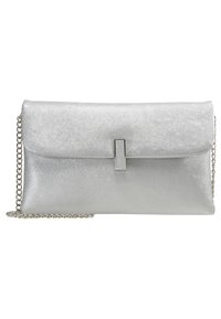 Silver faux leather clutch bag with a textured surface, rectangular shape, magnetic closure, and a chain strap.