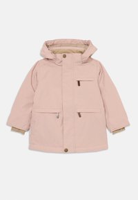 Giacca invernale per bambini di colore rosa chiaro con cappuccio, tre tasche frontali con zip e polsini interni beige visibili alle maniche.