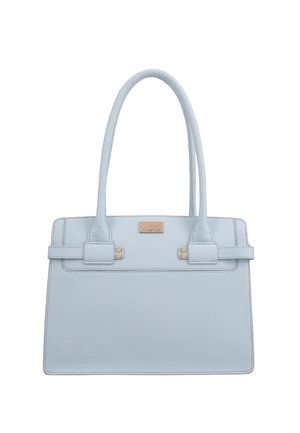 Sac à main en cuir bleu clair avec deux poignées arrondies, forme rectangulaire, et petite plaque de marque dorée sur le devant.