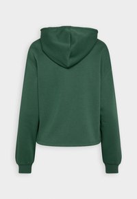 Grön kortärmad hoodie med huva, långa ärmar, ribbade ärmmuddar och en slät, mjuk tygkvalitet. Inga synliga logotyper eller mönster.