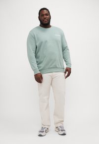 Lys grøn sweatshirt med ribbede manchetter og kant, med teksten "Club1990". Kombineret med lys beige lige ben bukser og grå sneakers.