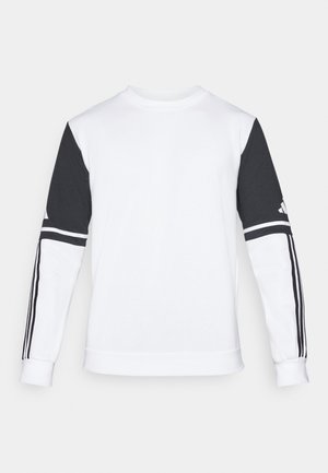 Weißer Pullover mit schwarzen Ärmeln, ausgestattet mit drei schwarzen Streifen an jedem Arm und einem Rundhalsausschnitt. Hergestellt aus weichem, strukturiertem Stoff.