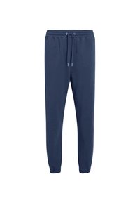 Pantalones de chándal azul marino con cintura elástica y cordón ajustable, con puños elásticos en los tobillos y una textura suave y lisa.