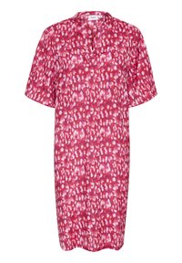 Röd och rosa mönstrad knälång klänning med korta ärmar och V-halsringning, storlek medium.