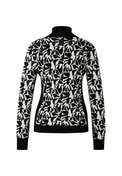 Μπλε μαύρη και λευκή ζακέτα με ψηλό γιακά, διακοσμημένη με σχέδιο λουλουδιών και μακριά μανίκια. Πλεκτό ύφασμα με υφή και ριγωτές μανσέτες.